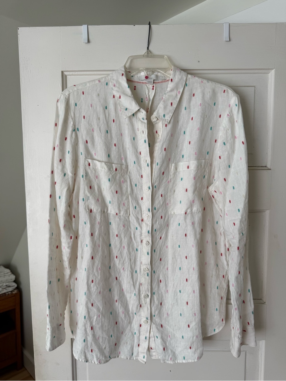 Boden White Linen Button-Up Blouse with Teal and Red Dot Print